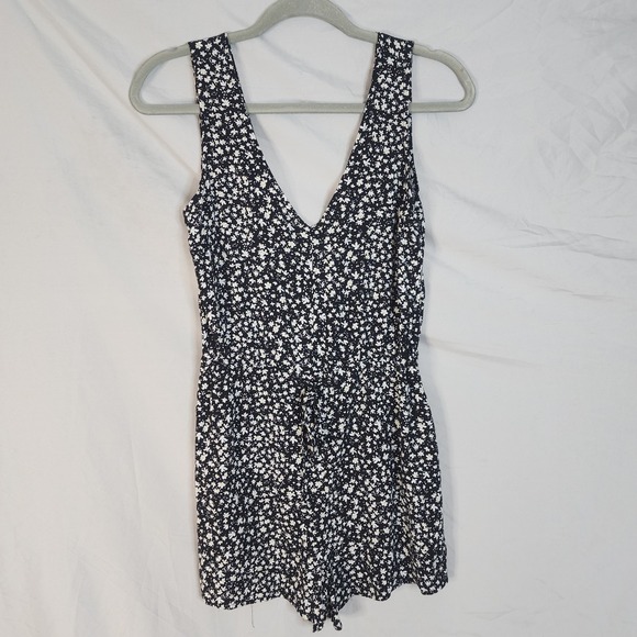 Vtg Y2K MADDEN GIRL Size Small Black Ditsy Floral‎ Deep V-neck Drawstring Romper - Picture 1 of 8